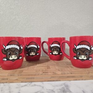 Red Holiday Cow Mugs Set